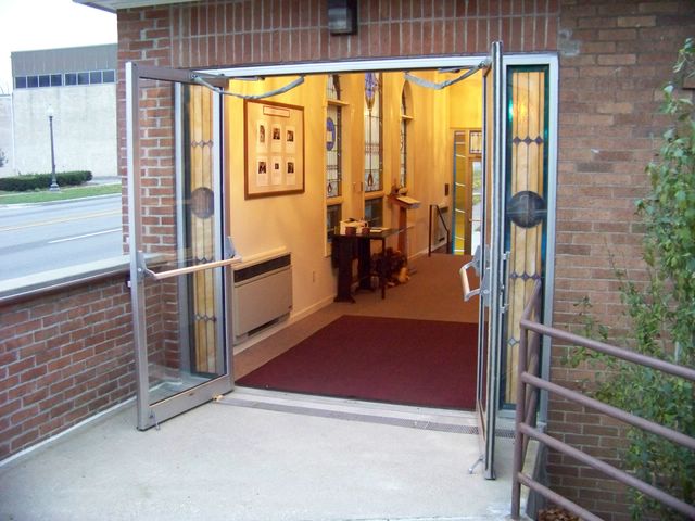 open door, entrance, services, summer, trinity evangelical lutheran church, saline, michigan 